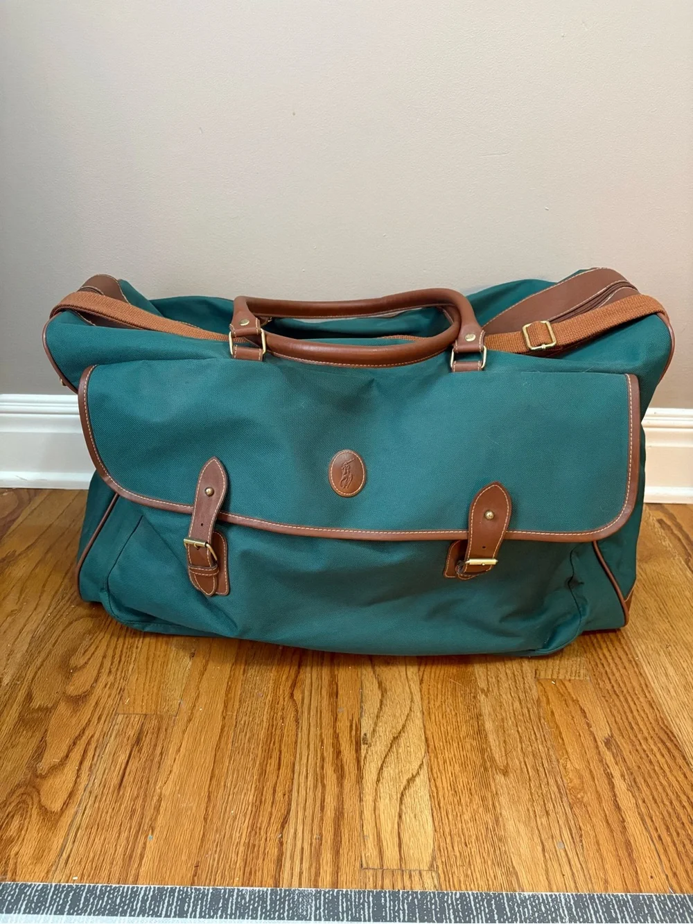 Polo by Ralph Lauren Teal Canvas Travel Duffel with Brown Leather Trim